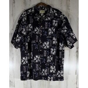 Eddie Bauer Shirt XL Black Linen Blend Floral Hibiscus Hawaiian Tropical Beach